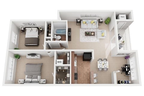 Floor plan for 2 beds, 1 bath, 982 sqft